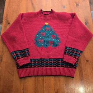 Vintage Robinsons Christmas Tree Sweater Womens L Red Handknit XMAS Ugly Sweater